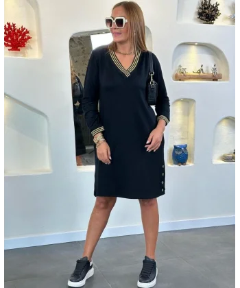 Kadın Uzun Kollu V Yaka Kol Ve Yaka Ribanalı Etek çıtçıt Detay Iki Iplik Elbise