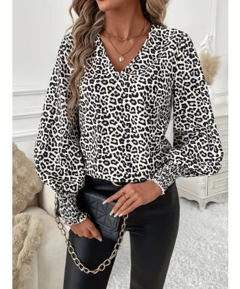 Kadın Uzun Kollu V Yaka Kollar Gipe Detaylı Leopar Desenli Süprem Bluz