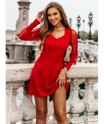 Kadın Uzun Kollu V Yaka Kollar Tül Detay Krep Elbise