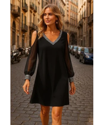 Kadın Uzun Kollu V Yaka Kollar Tül Yırtmaç Detay Kol Manşetleri Ve Yaka Payet Krep Elbise