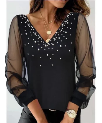 Kadın Uzun Kollu V Yaka Kolları Tül Yaka Kenarı Ve Göğüs Inci Detay Krep Bluz