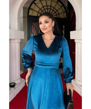 Kadın Uzun Kollu V Yaka Kuşak Dahil Kadife Kumaş Midi Boy Elbise