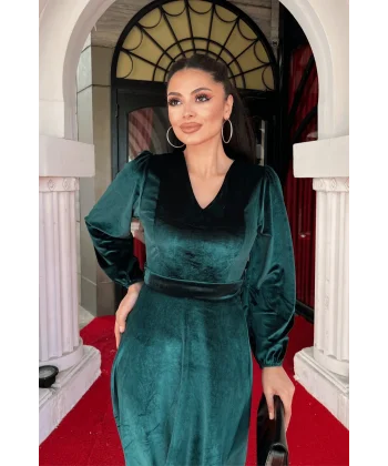 Kadın Uzun Kollu V Yaka Kuşak Dahil Kadife Kumaş Midi Boy Elbise