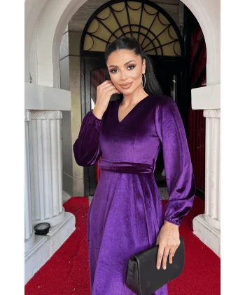 Kadın Uzun Kollu V Yaka Kuşak Dahil Kadife Kumaş Midi Boy Elbise