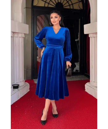 Kadın Uzun Kollu V Yaka Kuşak Dahil Kadife Kumaş Midi Boy Elbise