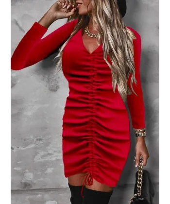 Kadın Uzun Kollu V Yaka önden Yırtmaç Büzgü Detay Kaşkorse Mini Boy Elbise