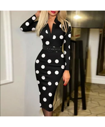 Kadın Uzun Kollu V Yaka Puantiyeli Krep Midi Boy Elbise