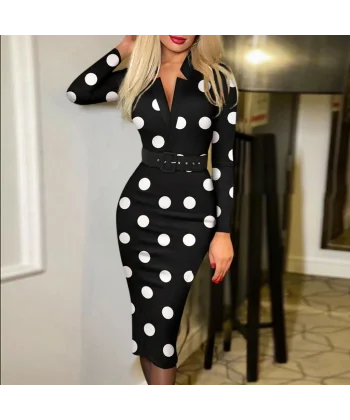 Kadın Uzun Kollu V Yaka Puantiyeli Krep Midi Boy Elbise