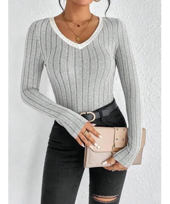 Kadın Uzun Kollu V Yaka Ribana Detay Fitilli Kaşkorse Kumaş Bluz