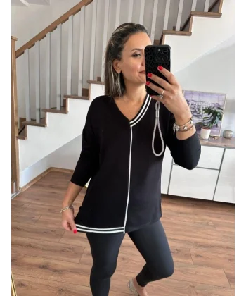 Kadın Uzun Kollu V Yaka Ribana Detay Kristal Kumaş Bluz