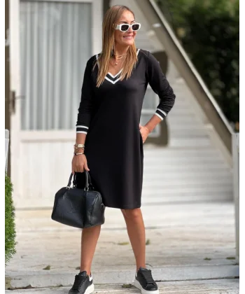 Kadın Uzun Kollu V Yaka şeritli Iki Iplik Salaş Elbise
