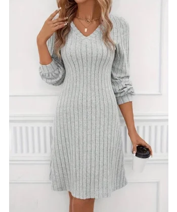 Kadın Uzun Kollu V Yaka Uzun Kol şardonlu Kaşkorse Midi Elbise