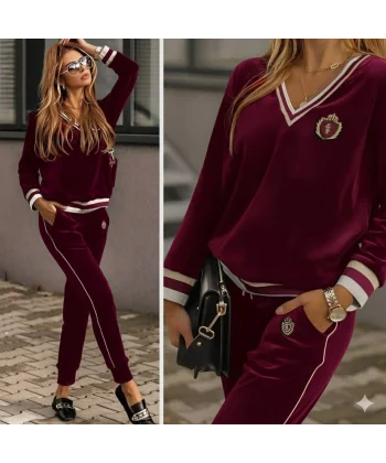 Kadın Uzun Kollu V Yaka Yakası Ve Kol Ağzı şerit Detay Kadife Takım