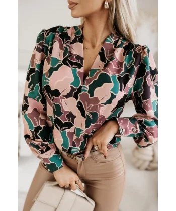 Kadın Uzun Kollu V Yaka Yaprak Desen Mosskrep Kumaş Bluz