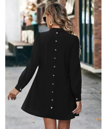 Kadın Uzun Kollu V Yakalı Arkadan Düğmeli Mini Ithal Krep Elbise