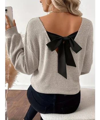 Kadın Uzun Kollu V Yakalı Arkadan Kurdela Detaylı şardonlu Kaşkorse Bluz