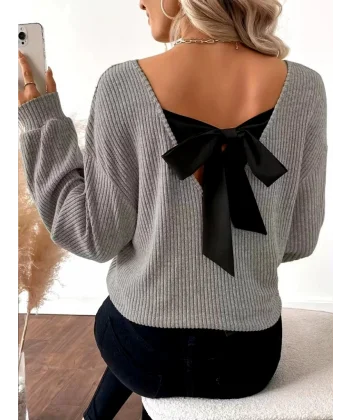 Kadın Uzun Kollu V Yakalı Arkadan Kurdela Detaylı şardonlu Kaşkorse Bluz