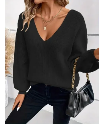 Kadın Uzun Kollu V Yakalı Arkası Kurdelalı Triko Bluz