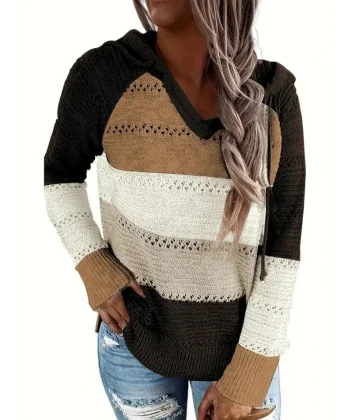 Kadın Uzun Kollu V Yakalı Bağcıklı Kapşonlu Triko Bluz