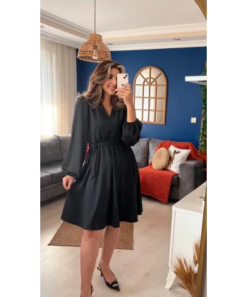 Kadın Uzun Kollu V Yakalı Belden Kuşaklı Kiloş Krep Elbise
