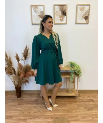 Kadın Uzun Kollu V Yakalı Belden Kuşaklı Kiloş Krep Elbise