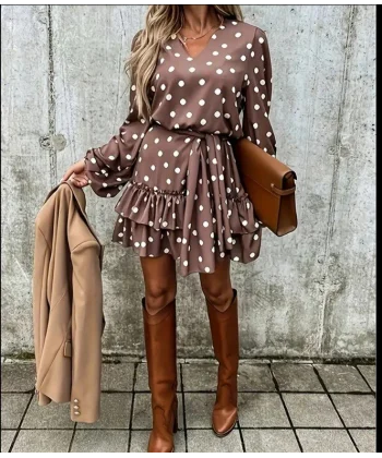 Kadın Uzun Kollu V Yakalı Belden Kuşaklı Puantiyeli Mini Modal Elbise