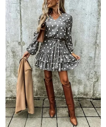 Kadın Uzun Kollu V Yakalı Belden Kuşaklı Puantiyeli Mini Modal Elbise