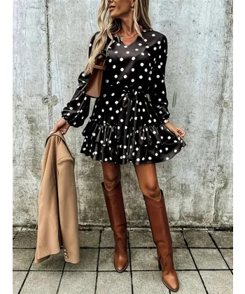 Kadın Uzun Kollu V Yakalı Belden Kuşaklı Puantiyeli Mini Modal Elbise