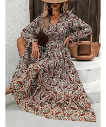 Kadın Uzun Kollu V Yakalı Beli Lastikli Desenli Süprem Elbise