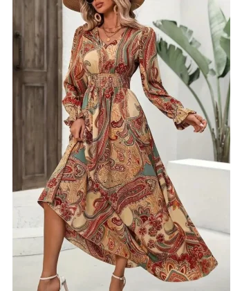 Kadın Uzun Kollu V Yakalı Beli Lastikli Desenli Süprem Elbise