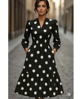 Kadın Uzun Kollu V Yakalı Beli Lastikli Puantiyeli Uzun Krep Elbise