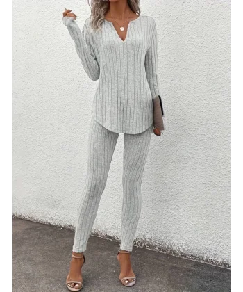 Kadın Uzun Kollu V Yakalı Bluz Alt Tayt şardonlu Kaşkorse Ikili Takım