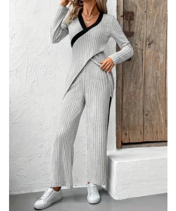 Kadın Uzun Kollu V Yakalı çapraz Detaylı şardonlu Kaşkorse Bluz Ve Pantolon Ikili Takım