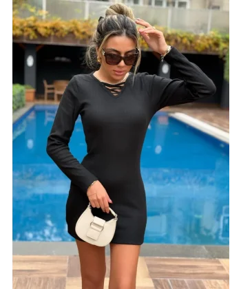 Kadın Uzun Kollu V Yakalı çapraz şerit Detaylı şardonlu Kaşkorse Midi Elbise