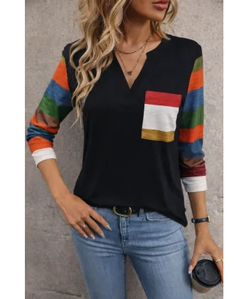 Kadın Uzun Kollu V Yakalı Cepli çok Renkli Viskon Bluz