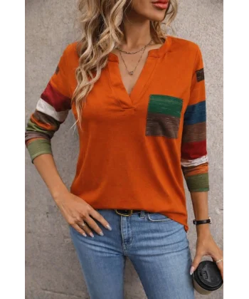Kadın Uzun Kollu V Yakalı Cepli çok Renkli Viskon Bluz
