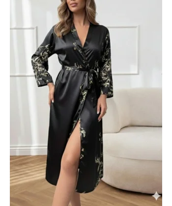 Kadın Uzun Kollu V Yakalı çiçek Baskılı Belden Kuşaklı Midi Saten Gecelik