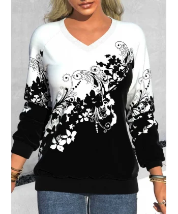 Kadın Uzun Kollu V Yakalı çiçek Baskılı şardonlu Dalgıç Bluz