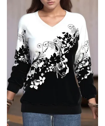 Kadın Uzun Kollu V Yakalı çiçek Baskılı şardonlu Dalgıç Bluz