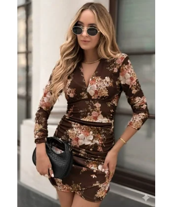 Kadın Uzun Kollu V Yakalı çiçek Desenli Dalgıç Mini Elbise