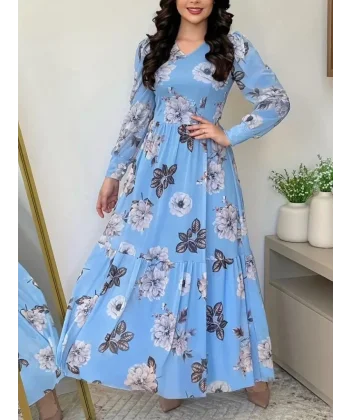 Kadın Uzun Kollu V Yakalı çiçek Desenli Maxi Süprem Elbise