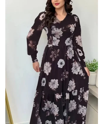 Kadın Uzun Kollu V Yakalı çiçek Desenli Maxi Süprem Elbise