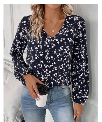 Kadın Uzun Kollu V Yakalı çiçek Desenli Modal Bluz