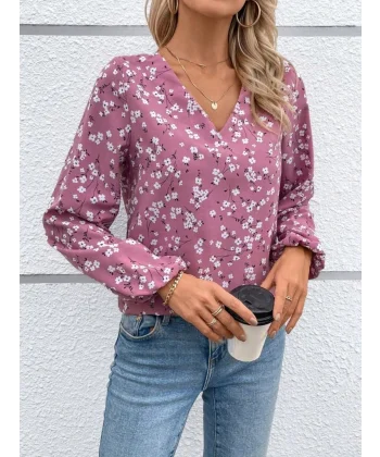 Kadın Uzun Kollu V Yakalı çiçek Desenli Modal Bluz