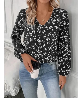 Kadın Uzun Kollu V Yakalı çiçek Desenli Modal Bluz