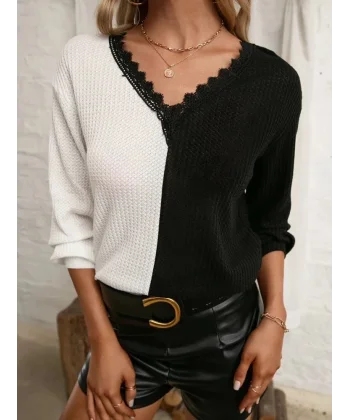 Kadın Uzun Kollu V Yakalı çift Renkli Triko Bluz