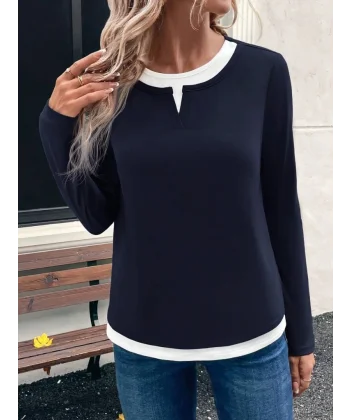 Kadın Uzun Kollu V Yakalı çift Renkli Viskon Iki Iplik Bluz