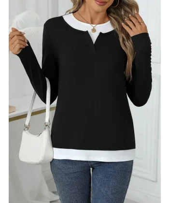 Kadın Uzun Kollu V Yakalı çift Renkli Viskon Iki Iplik Bluz
