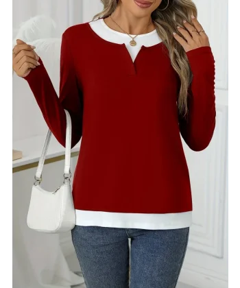 Kadın Uzun Kollu V Yakalı çift Renkli Viskon Iki Iplik Bluz