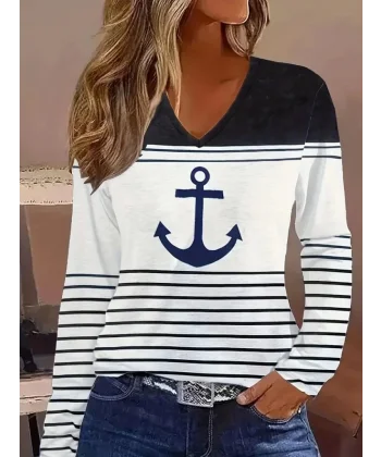 Kadın Uzun Kollu V Yakalı çıpa Desenli şardonlu Dalgıç Bluz